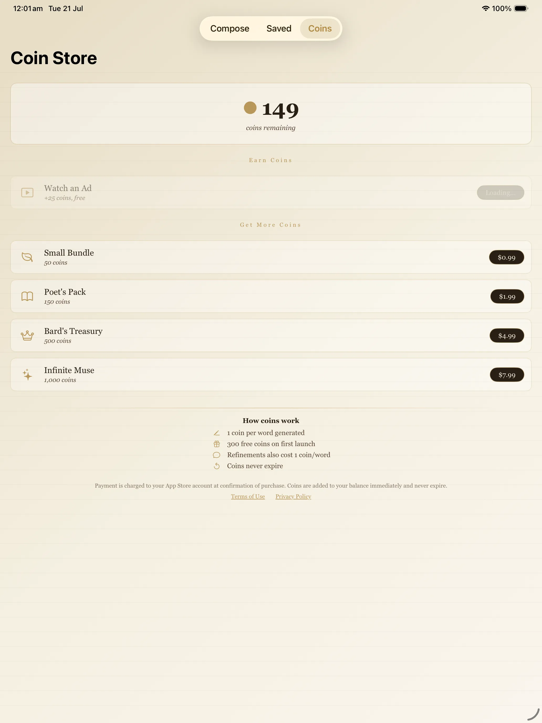The Coin Store on iPad